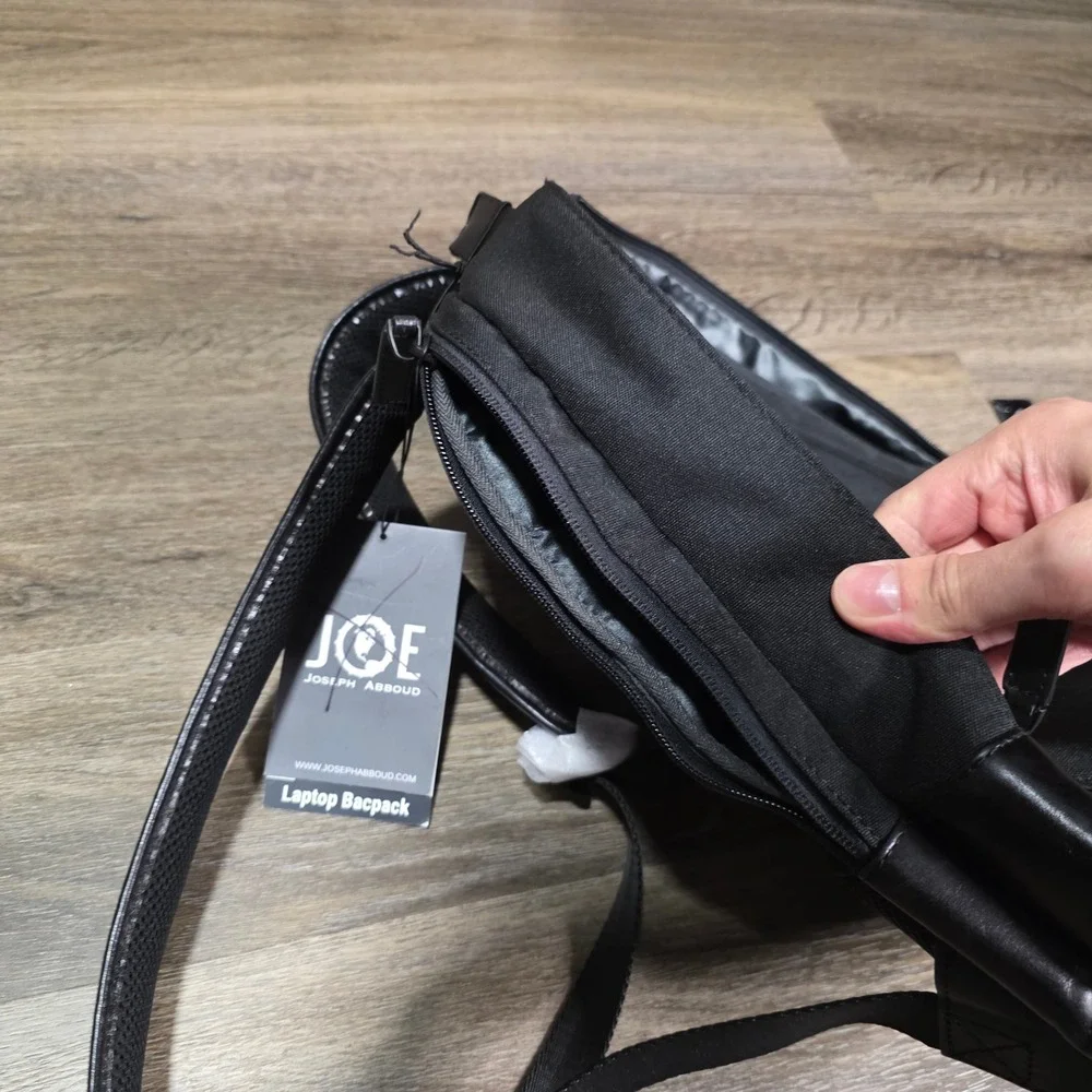 Joseph Abboud Mens OS Laptop Backpack Black Leather Trim Canvas Commuter‎ Bag